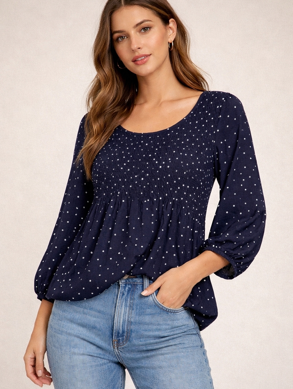 Croft & Barrow Navy Smocked Blouse with White Polka Dots 2X